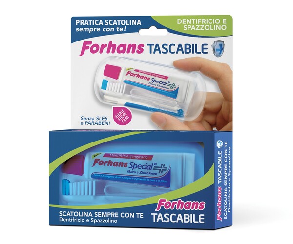 FORHANS TRAVEL KIT TASCABILE COMPOSTO DA SPAZZOLINO DA VIAGGIO + FORHANS SPECIAL PASTA DENTIFRICIA TUBETTO 12,5 ML - Farmasanitas 
