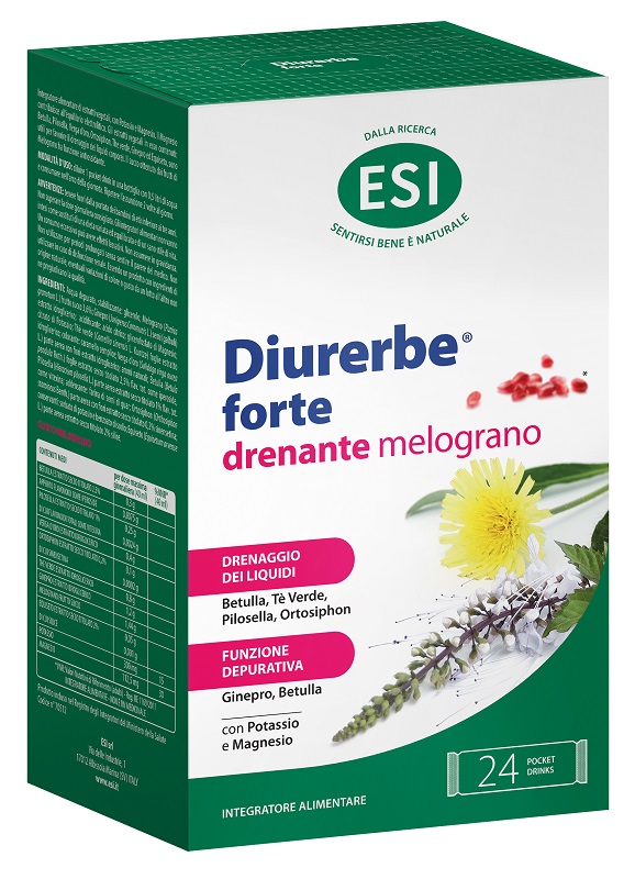 ESI DIURERBE FORTE DRENANTE MELOGRANO 24 POCKET DRINK DA 20 ML SENZA GLUTINE - Farmasanitas 