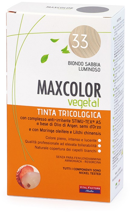MAXCOLOR VEGETAL TINTA TRICOLOGICA 33 BIONDO SABBIA LUMINOSO 140 ML - Farmasanitas 