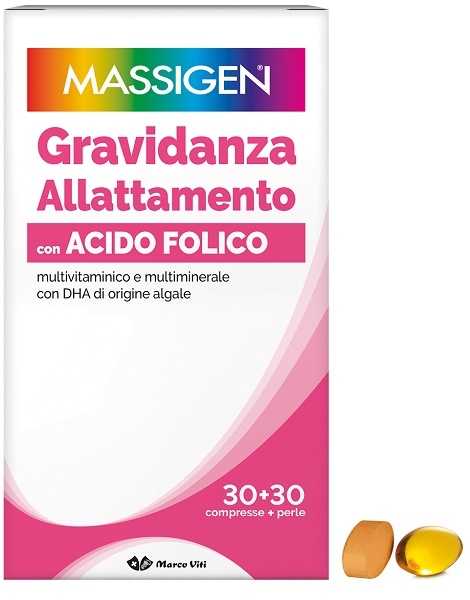 MASSIGEN GRAVIDANZA ALLATTAMENTO CON ACIDO FOLICO MULTIVITAMINICO E MULTIMINERALE 30 COMPRESSE RIVESTITE DA 1,1 G + 30 PERLE DA 700 MG - Farmasanitas 
