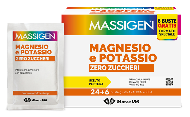 MASSIGEN MAGNESIO POTASSIO ZERO ZUCCHERO 24 BUSTINE + 6 BUSTINE - Farmasanitas 