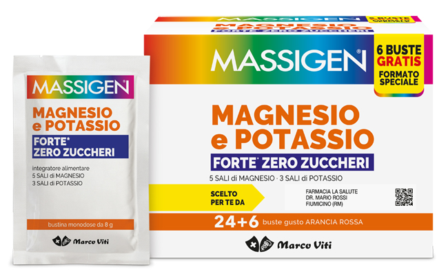 MASSIGEN MAGNESIO POTASSIO FORTE ZERO ZUCCHERO 24 BUSTINE + 6 BUSTINE - Farmasanitas 