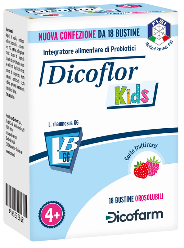 DICOFLOR KIDS 18 BUSTINE OROSOLUBILI GUSTO FRUTTI ROSSI - Farmasanitas 