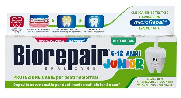 BIOREPAIR ORAL CARE JUNIOR 6-12 ANNI DENTIFRICIO PROTEZIONE ANTI CARIE SMALTO NEOFORMATO ALLA MENTA DELICATA 75 ML - Farmasanitas 