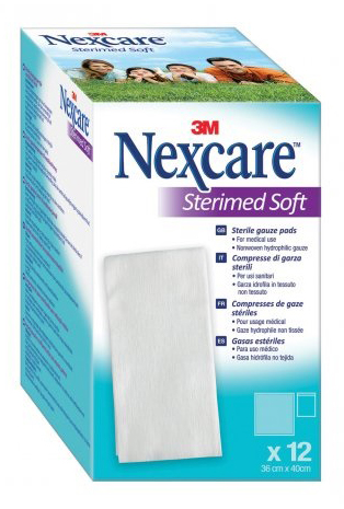 GARZA COMPRESSA STERILE NEXCARE STERIMED SOFT 18X40 CM MUL TILINGUAL 12 PEZZI - Farmasanitas 