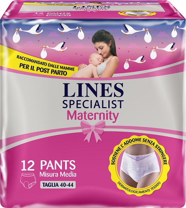 LINES SPECIALIST MATERNITY MUTANDINA ASSORBENTE PER PERDITE POST PARTO MISURA MEDIUM 12 PEZZI - Farmasanitas 