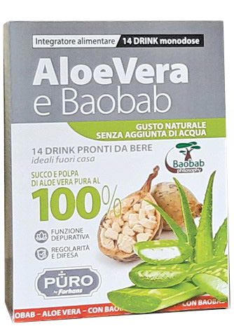 PURO ALOE VERA SUCCO E POLPA 100% + BAOBAB 14 DRINK 50 ML - Farmasanitas 