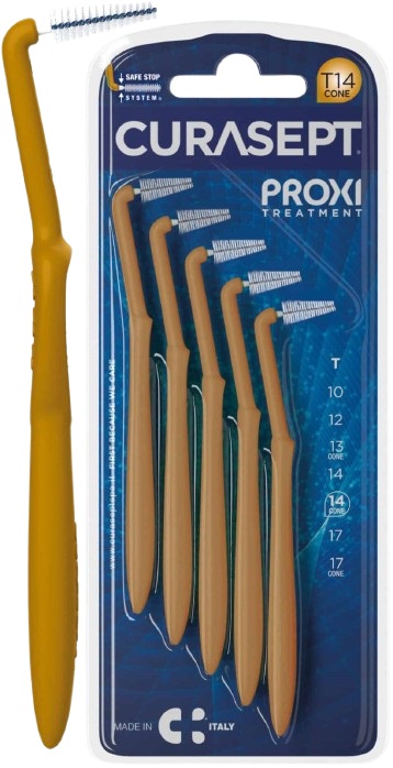 SCOVOLINO CURASEPT PROXI ANGLE MISURA T14 CONICO ISO 4 COLORE OCRA DIAMETRO 1,4 MM 5 PEZZI - Farmasanitas 
