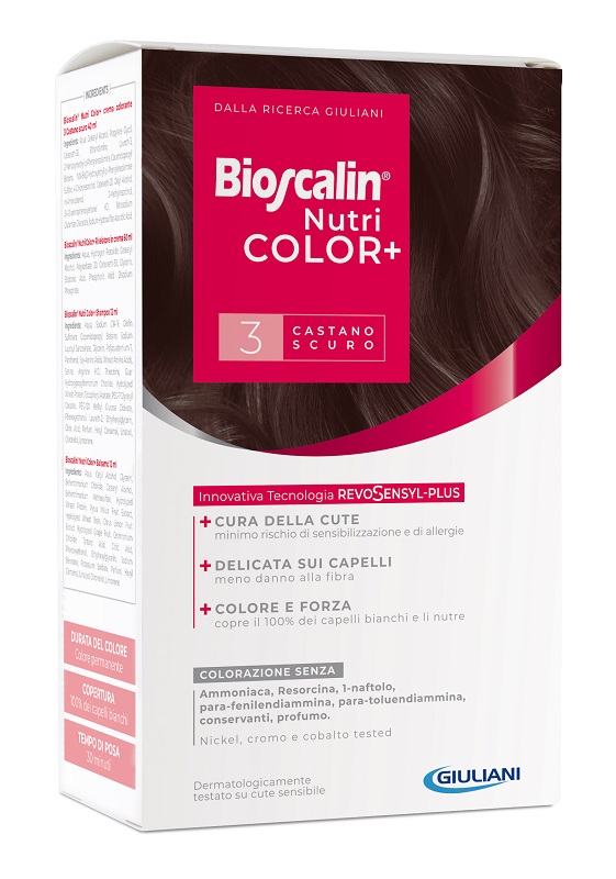 BIOSCALIN NUTRICOLOR PLUS 3 CASTANO SCURO CREMA COLORANTE 40 ML + RIVELATORE CREMA 60 ML + SHAMPOO 12 ML + TRATTAMENTO FINALE BALSAMO 12 ML - Farmasanitas 