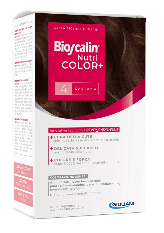 BIOSCALIN NUTRICOLOR PLUS 4 CASTANO CREMA COLORANTE 40 ML + RIVELATORE CREMA 60 ML + SHAMPOO 12 ML + TRATTAMENTO FINALE BALSAMO 12 ML - Farmasanitas 