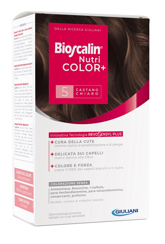 BIOSCALIN NUTRICOLOR PLUS 5 CASTANO CHIARO CREMA COLORANTE 40 ML + RIVELATORE CREMA 60 ML + SHAMPOO 12 ML + TRATTAMENTO FINALE BALSAMO 12 ML - Farmasanitas 