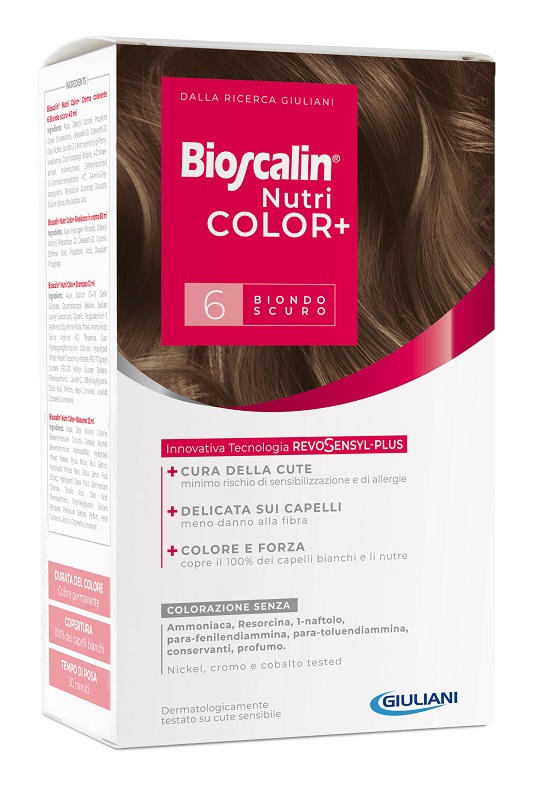 BIOSCALIN NUTRICOLOR PLUS 6 BIONDO SCURO CREMA COLORANTE 40 ML + RIVELATORE CREMA 60 ML + SHAMPOO 12 ML + TRATTAMENTO FINALE BALSAMO 12 ML - Farmasanitas 