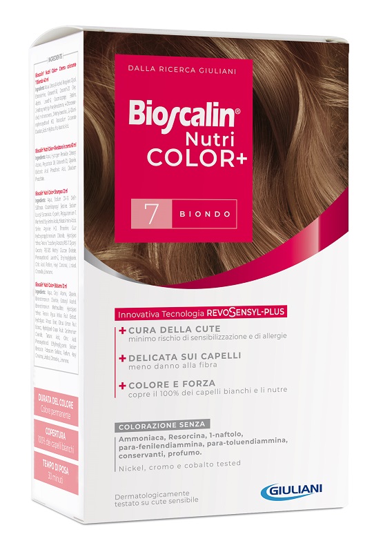 BIOSCALIN NUTRICOLOR PLUS 7 BIONDO CREMA COLORANTE 40 ML + RIVELATORE CREMA 60 ML + SHAMPOO 12 ML + TRATTAMENTO FINALE BALSAMO 12 ML - Farmasanitas 
