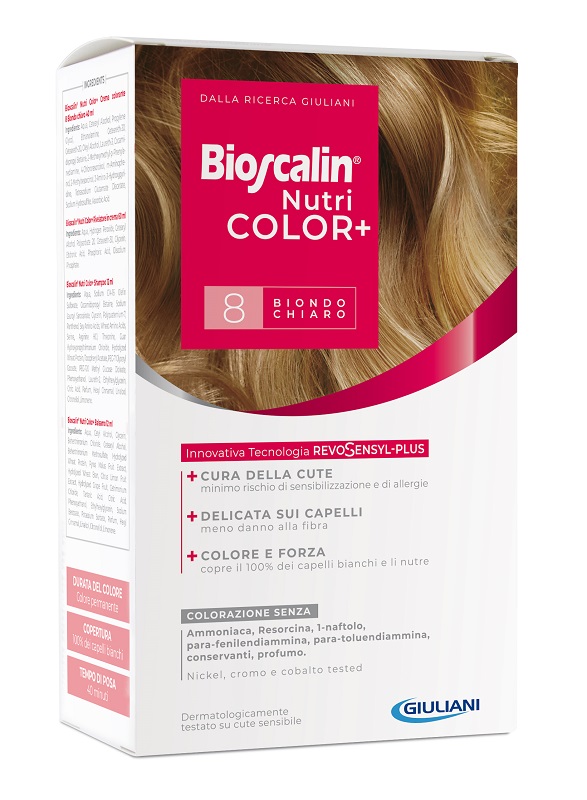 BIOSCALIN NUTRICOLOR PLUS 8 BIONDO CHIARO CREMA COLORANTE 40 ML + RIVELATORE CREMA 60 ML + SHAMPOO 12 ML + TRATTAMENTO FINALE BALSAMO 12 ML - Farmasanitas 