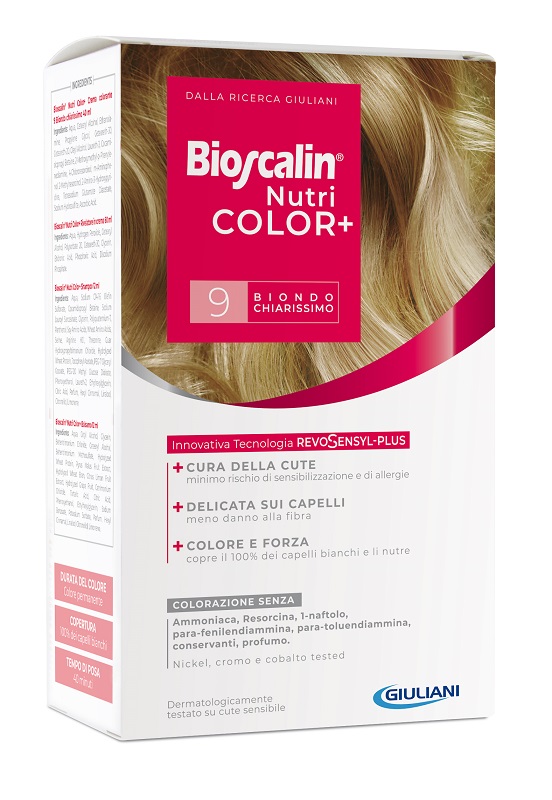 BIOSCALIN NUTRICOLOR PLUS 9 BIONDO CHIARISSIMO CREMA COLORANTE 40 ML + RIVELATORE CREMA 60 ML + SHAMPOO 12 ML + TRATTAMENTO FINALE BALSAMO 12 ML - Farmasanitas 