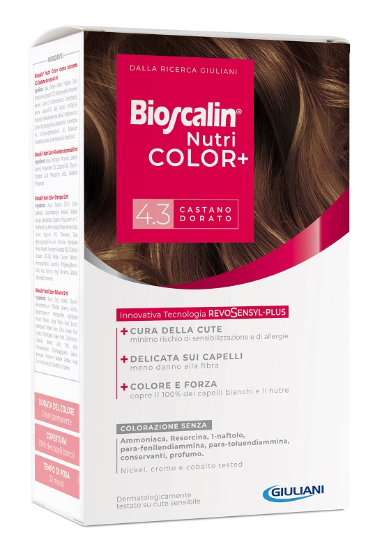 BIOSCALIN NUTRICOLOR PLUS 4,3 CASTANO DORATO CREMA COLORANTE 40 ML + RIVELATORE CREMA 60 ML + SHAMPOO 12 ML + TRATTAMENTO FINALE BALSAMO 12 ML - Farmasanitas 