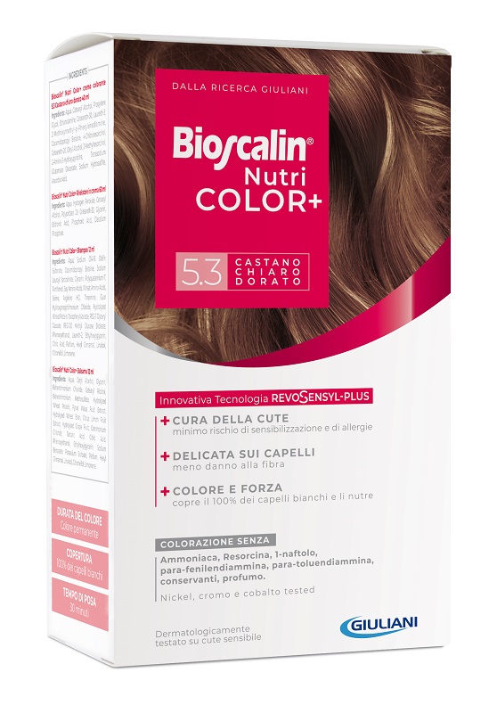 BIOSCALIN NUTRICOLOR PLUS 5,3 CASTANO CHIARO DORATO CREMA COLORANTE 40 ML + RIVELATORE CREMA 60 ML + SHAMPOO 12 ML + TRATTAMENTO FINALE BALSAMO 12 ML - Farmasanitas 