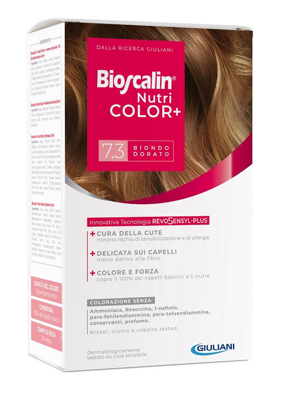 BIOSCALIN NUTRICOLOR PLUS 7,3 BIONDO DORATO CREMA COLORANTE 40 ML + RIVELATORE CREMA 60 ML + SHAMPOO 12 ML + TRATTAMENTO FINALE BALSAMO 12 ML - Farmasanitas 