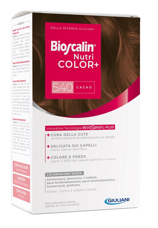 BIOSCALIN NUTRICOLOR PLUS 5,40 CACAO CREMA COLORANTE 40 ML + RIVELATORE CREMA 60 ML + SHAMPOO 12 ML + TRATTAMENTO FINALE BALSAMO 12 ML - Farmasanitas 