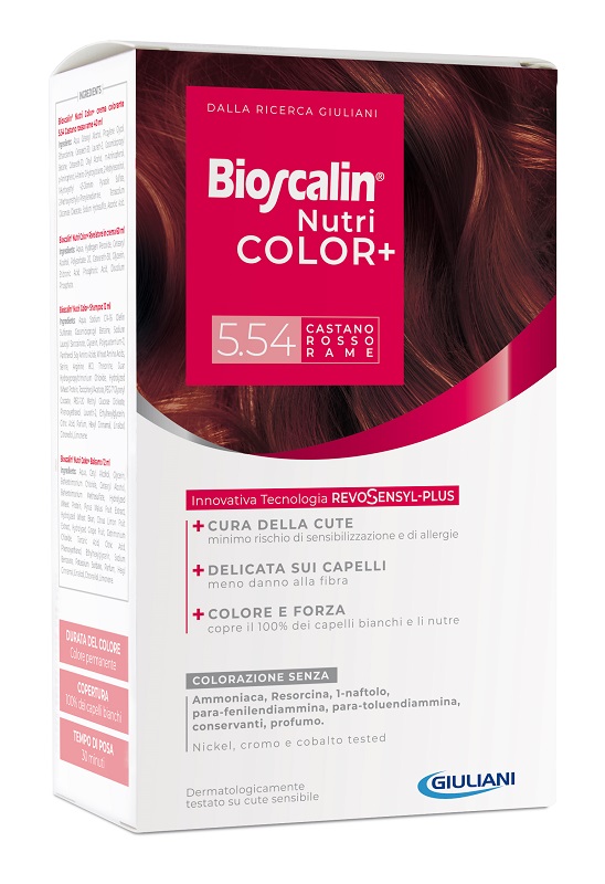 BIOSCALIN NUTRICOLOR PLUS 5,54 CASTANO ROSSO RAME CREMA COLORANTE 40 ML + RIVELATORE CREMA 60 ML + SHAMPOO 12 ML + TRATTAMENTO FINALE BALSAMO 12 ML - Farmasanitas 