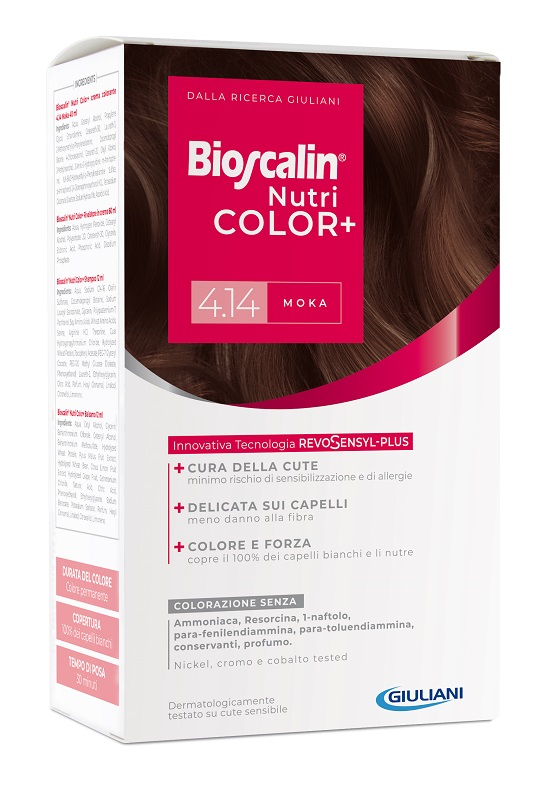 BIOSCALIN NUTRICOLOR PLUS 4,14 MOKA CREMA COLORANTE 40 ML + RIVELATORE CREMA 60 ML + SHAMPOO 12 ML + TRATTAMENTO FINALE BALSAMO 12 ML - Farmasanitas 