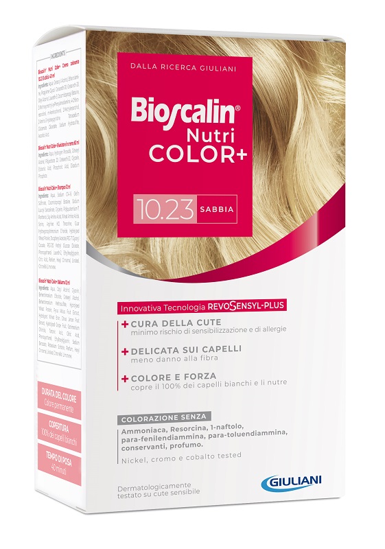 BIOSCALIN NUTRICOLOR PLUS 10,23 SABBIA CREMA COLORANTE 40 ML + RIVELATORE CREMA 60 ML + SHAMPOO 12 ML + TRATTAMENTO FINALE BALSAMO 12 ML - Farmasanitas 