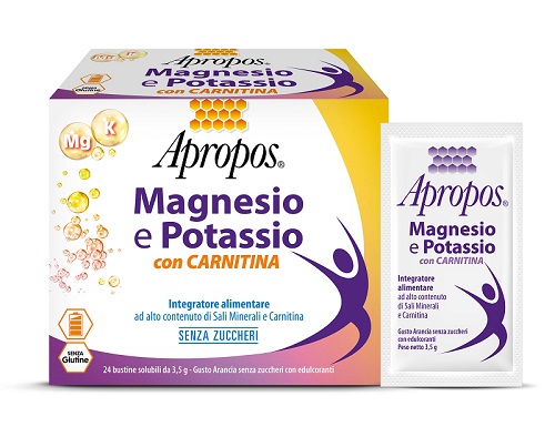 APROPOS MAGNESIO E POTASSIO CON CARNITINA 24 BUSTINE SOLUBILI DA 3,5 G GUSTO ARANCIA SENZA ZUCCHERI - Farmasanitas 