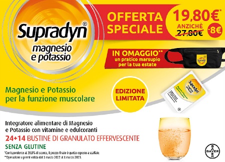 SUPRADYN MAGNESIO/POTASSIO SPORT EDITION 1 SUPRADYN MAGNESI O&POTASSIO 24 BUSTE + 1 SUPRADYN MAGNESIO&POTASSIO 14 BUSTE MARSUPIO OMAGGIO - Farmasanitas 