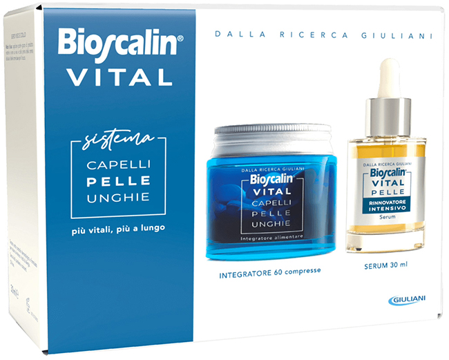 BIOSCALIN VITAL SISTEMA CAPELLI PELLE & UNGHIE BIOSCALIN CAPELLI PELLE & UNGHIE 60 COMPRESSE + SIERO RIGENERANTE VISO 30 ML - Farmasanitas 