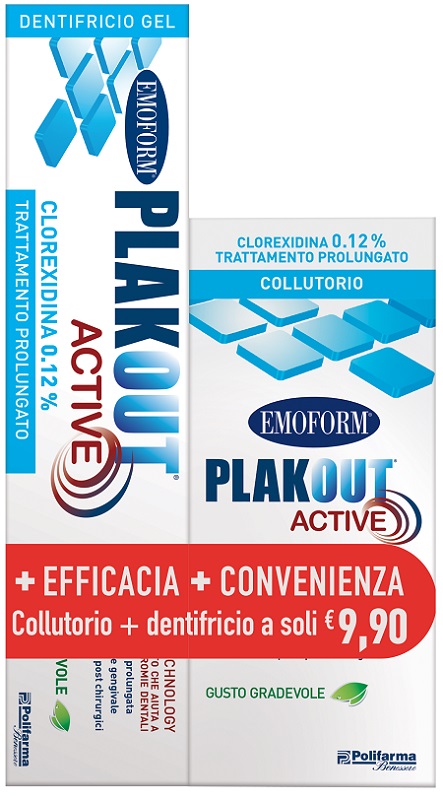 EMOFORM PLAK OUT ACTIVE CLOREXIDINA 0,12% COLLUTORIO 200 ML + DENTIFRICIO 75 ML - Farmasanitas 